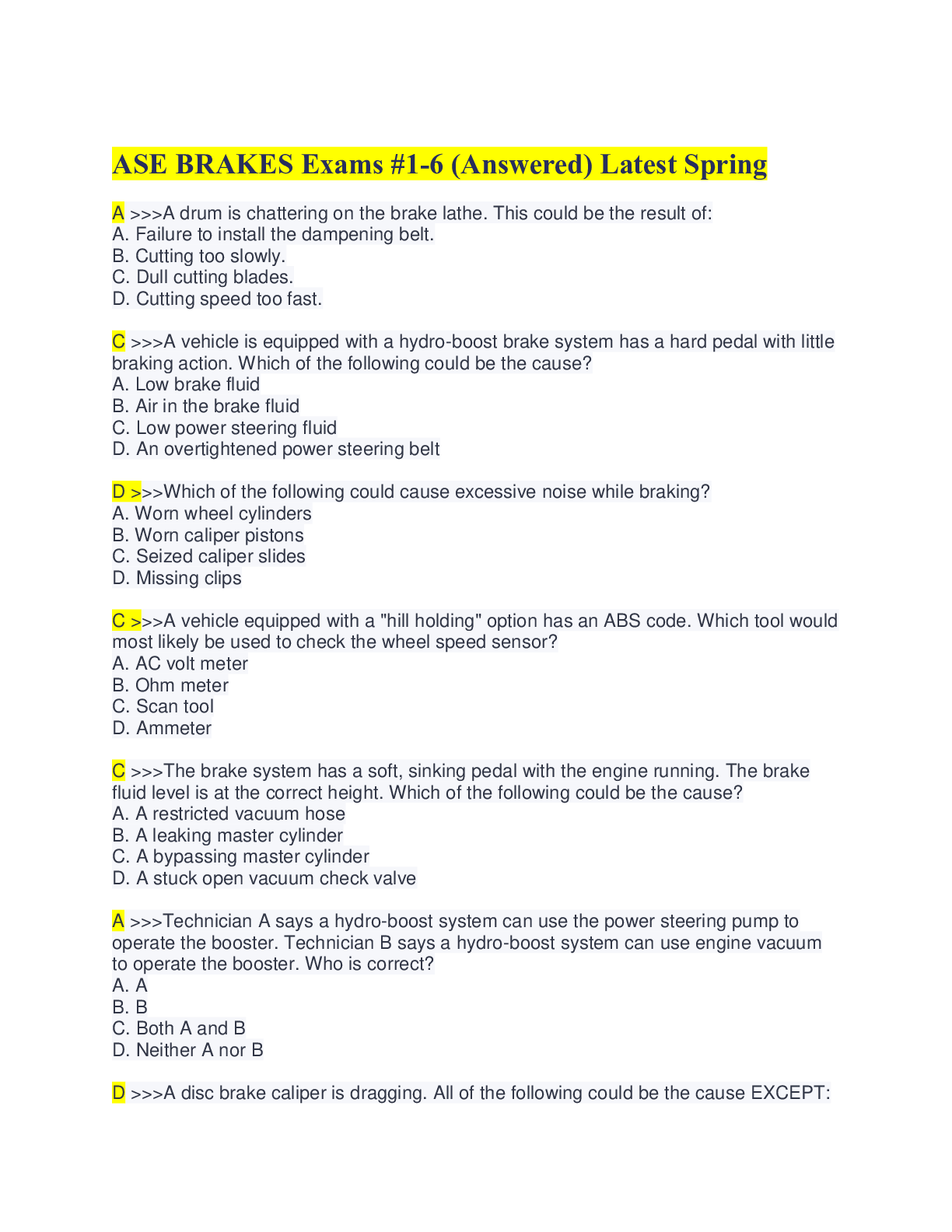 ASE BRAKES Exams 16 (Answered) Latest Spring